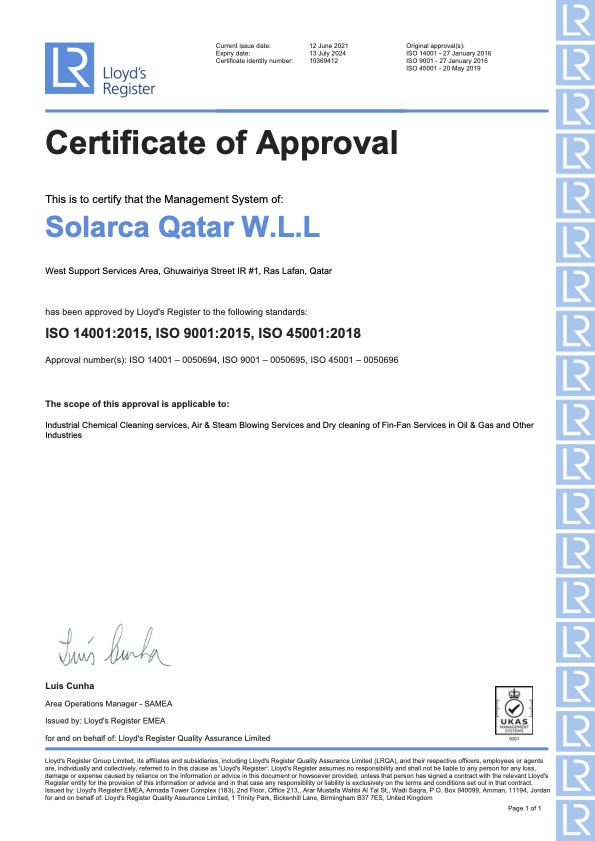SOLARCA ISO Certificate UKAS - LRQA 2024 Preview