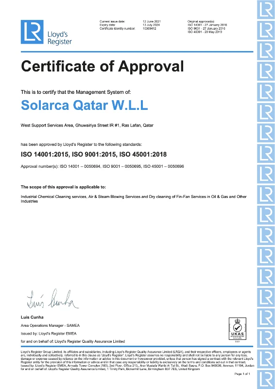 SOLARCA ISO Certificate UKAS - LRQA 2024